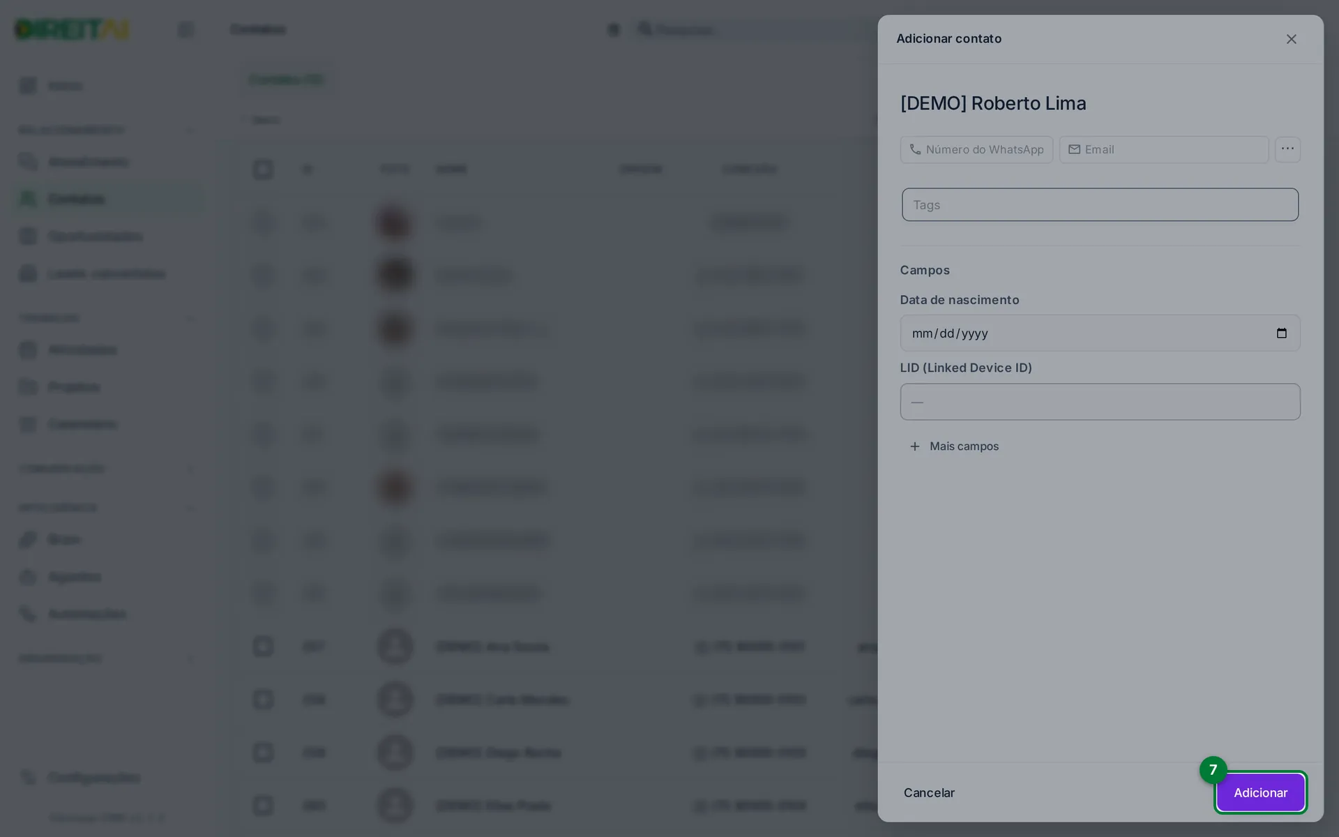 Painel Adicionar contato preenchido com o contato [DEMO] Roberto Lima