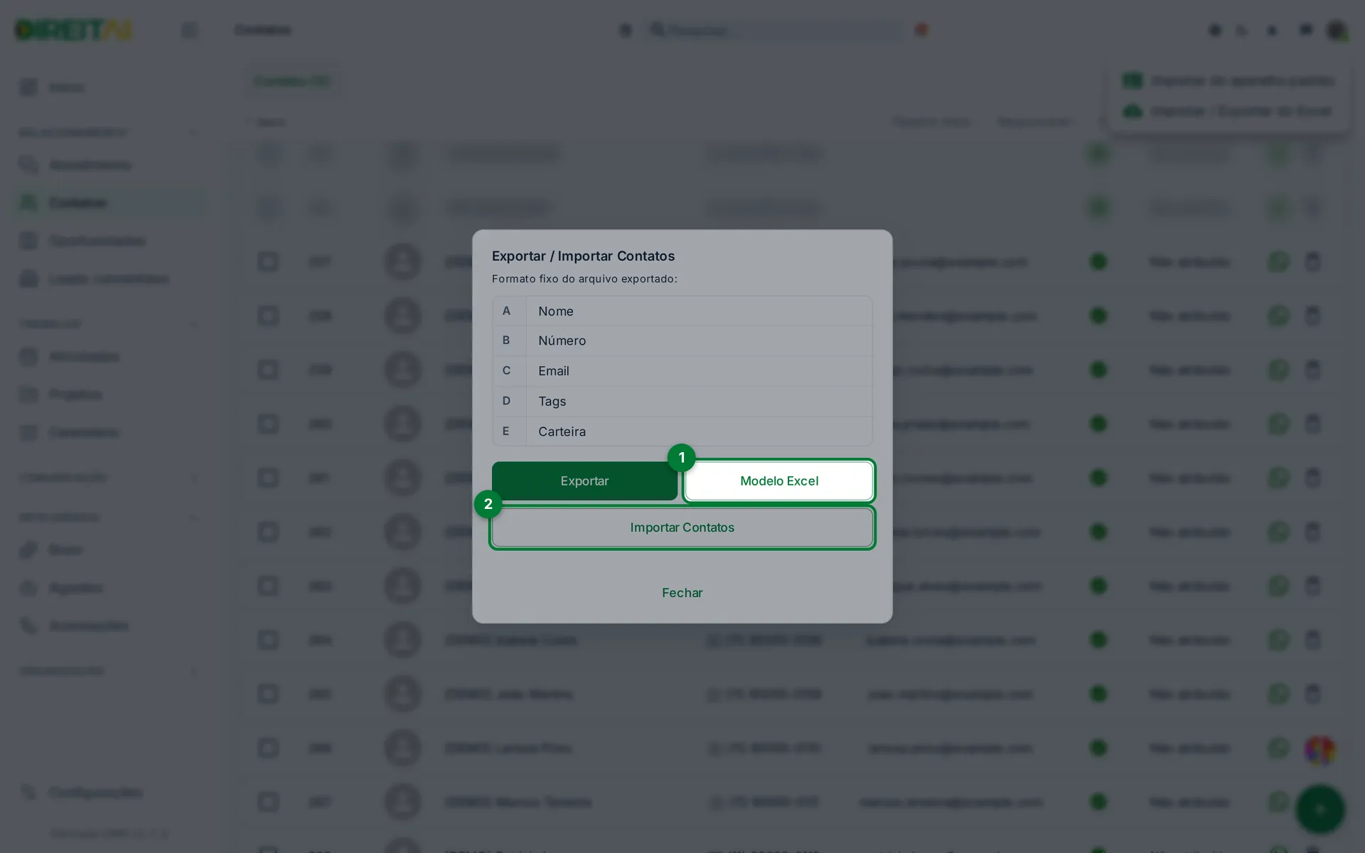 Diálogo Exportar / Importar Contatos com os botões Modelo Excel (1) e Importar Contatos (2) destacados