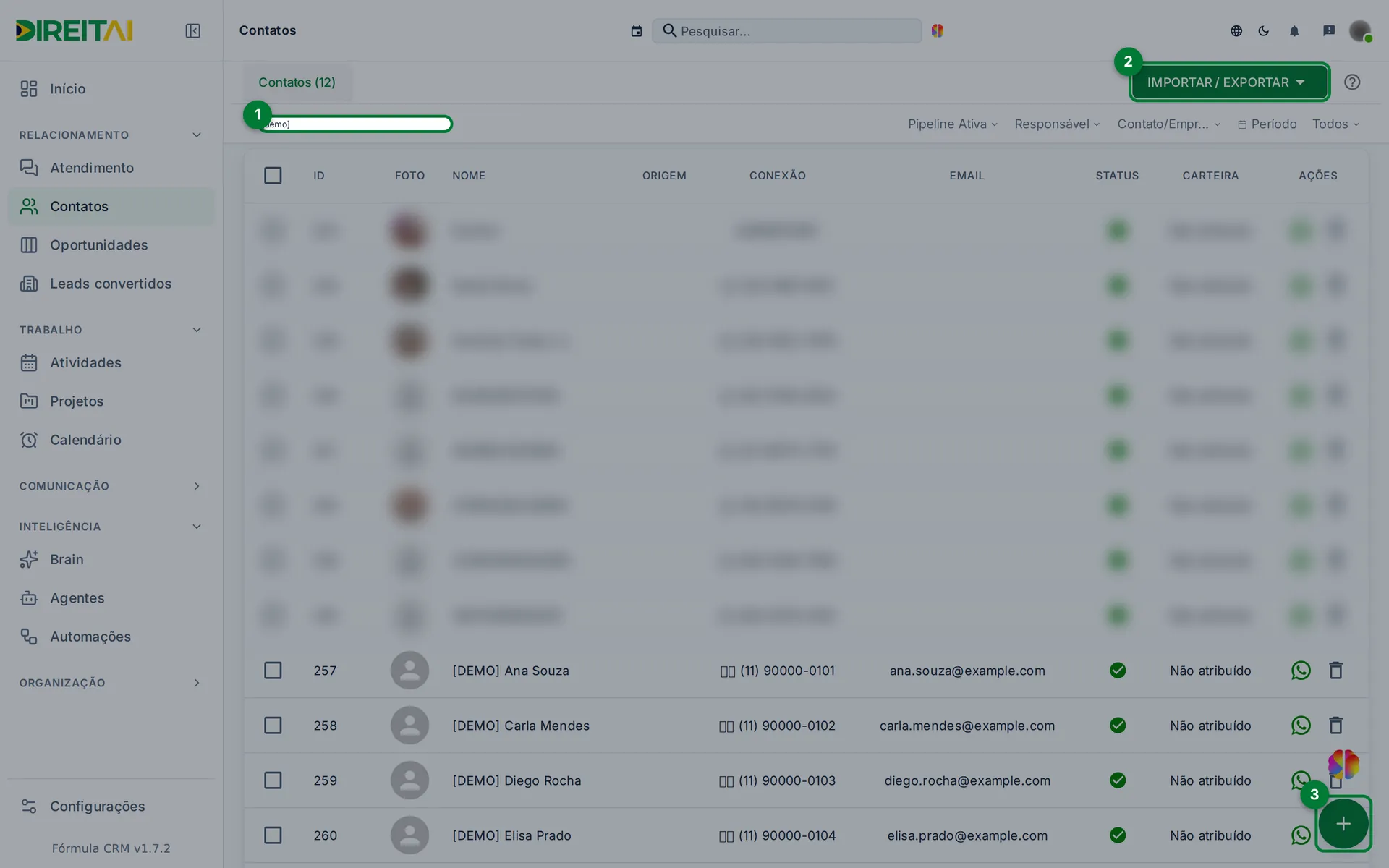 Lista de contatos filtrada por [DEMO], com a busca, o botão IMPORTAR / EXPORTAR e o botão + destacados