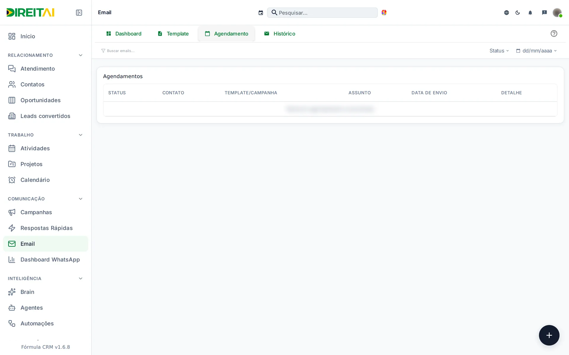 Aba Agendamento com a tabela de envios: status, contato, campanha, assunto e data