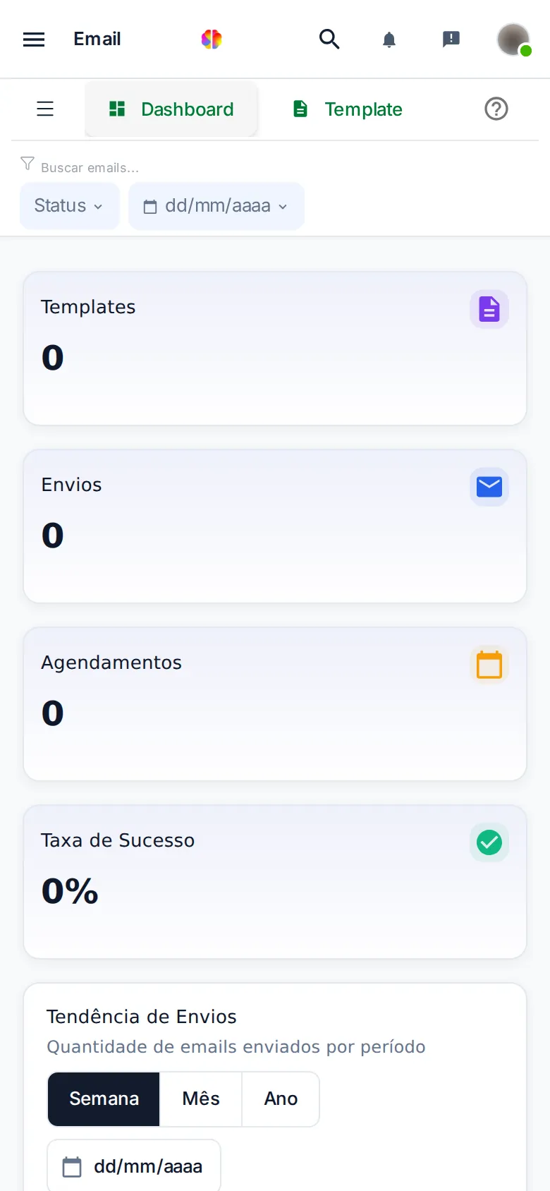Tela Email no celular, aba Dashboard