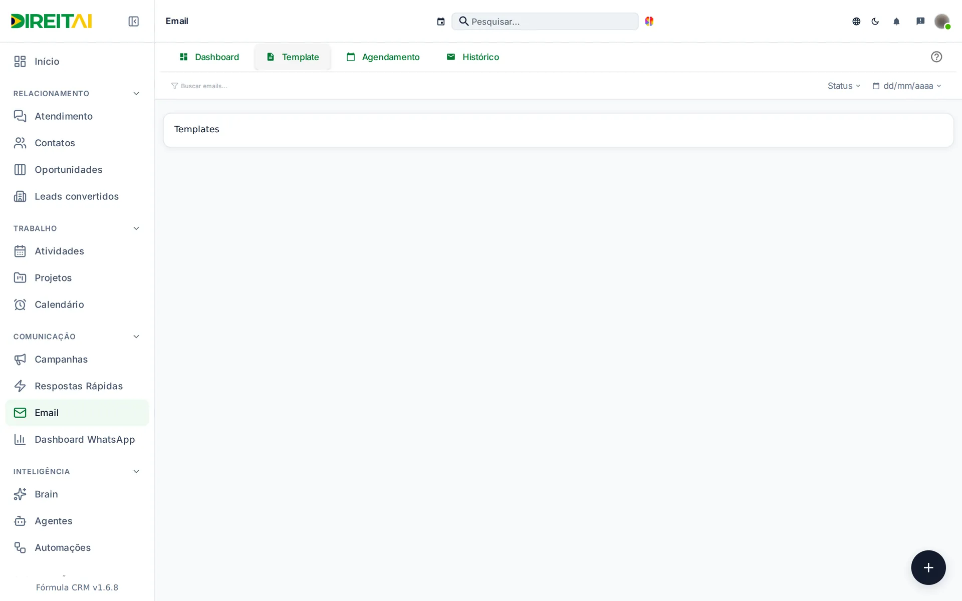 Aba Template com os cards de templates e os botões Editar, Pré-visualizar e Excluir