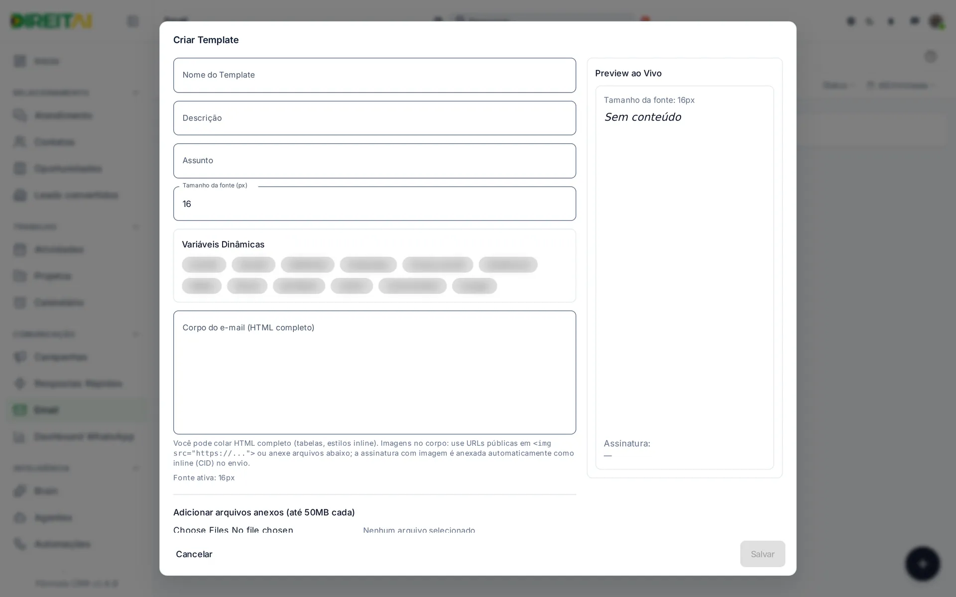 Janela Criar Template com nome, assunto, variáveis, corpo em HTML, anexos, assinatura e prévia ao vivo