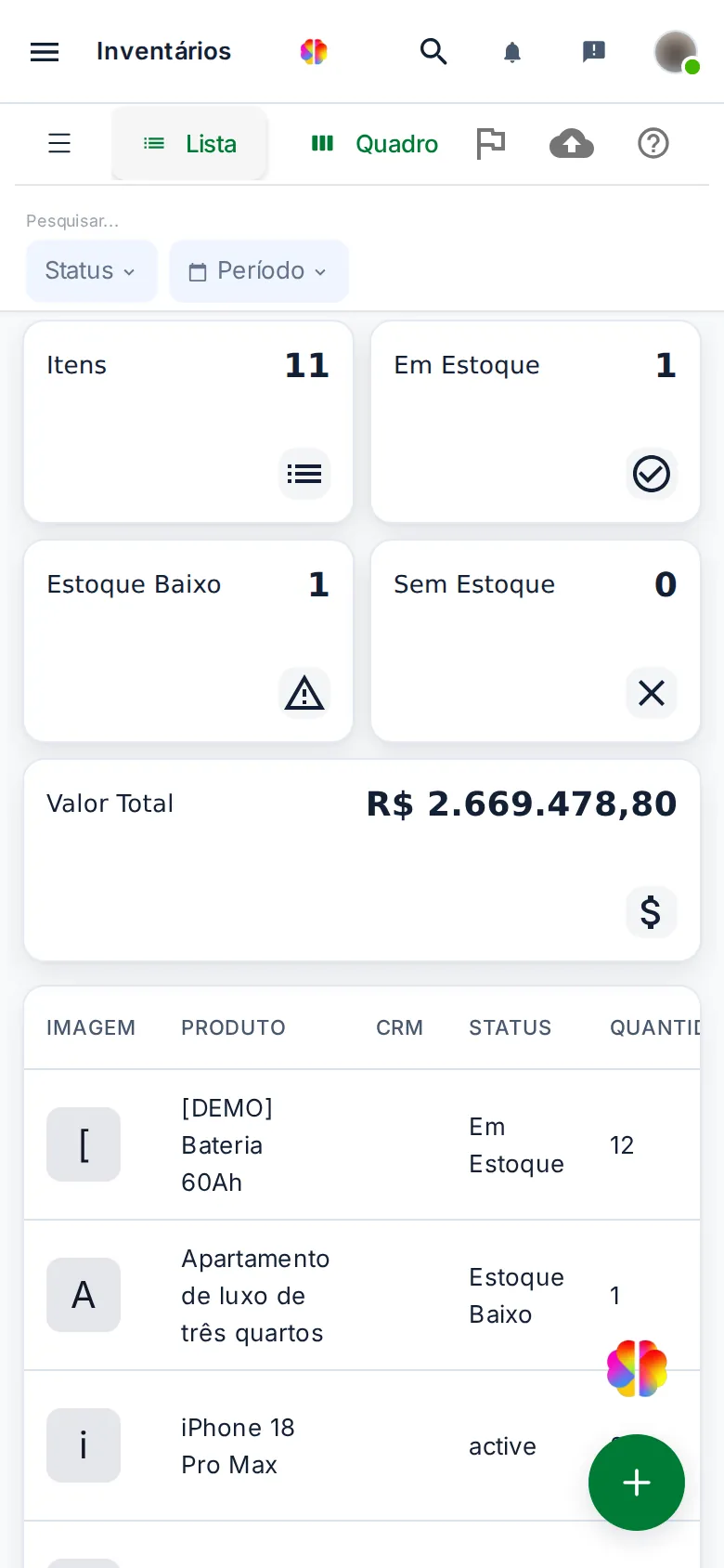 Tela Inventário no celular