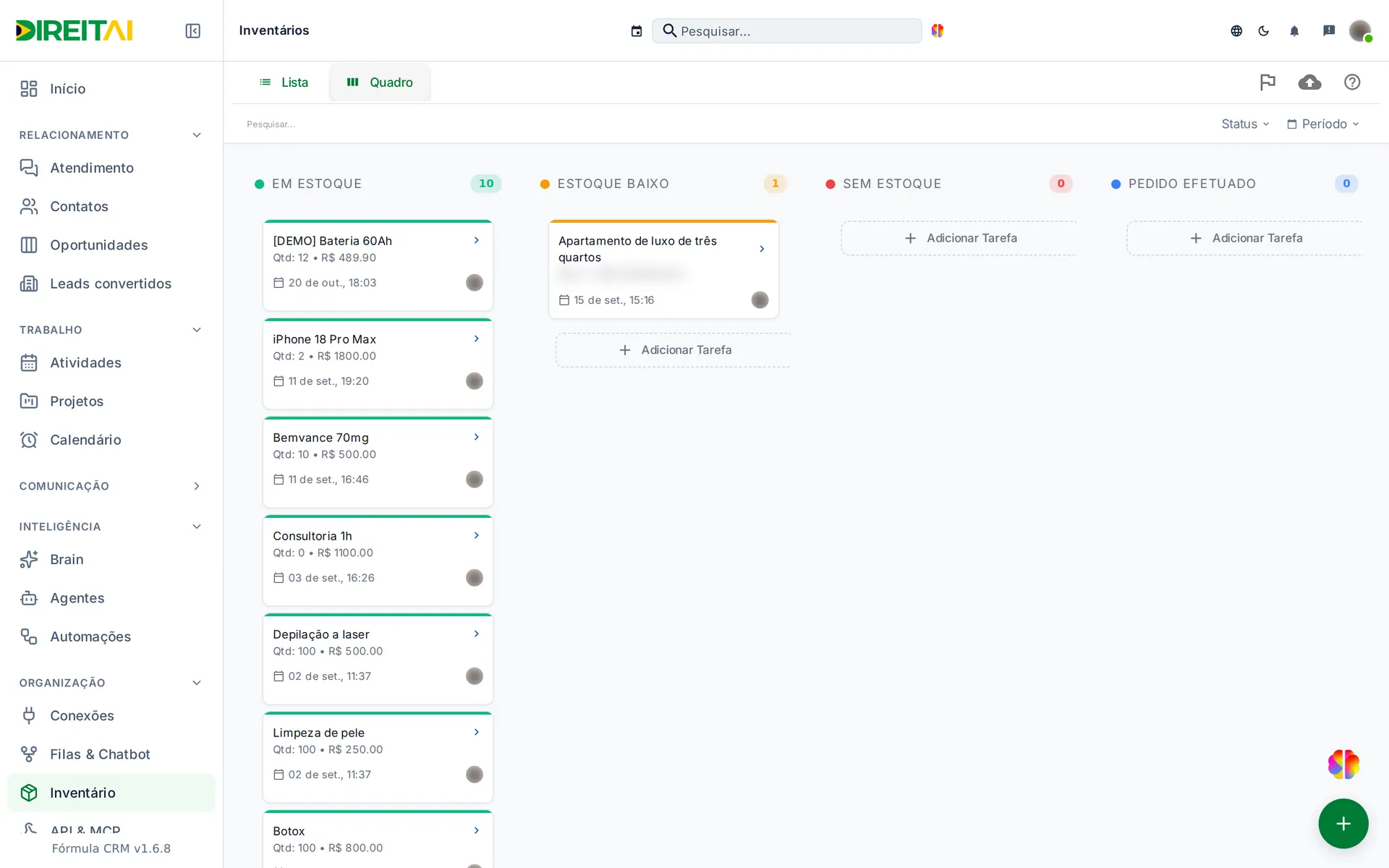 Inventário na aba Quadro, com as colunas Em Estoque, Estoque Baixo, Sem Estoque e Pedido Efetuado