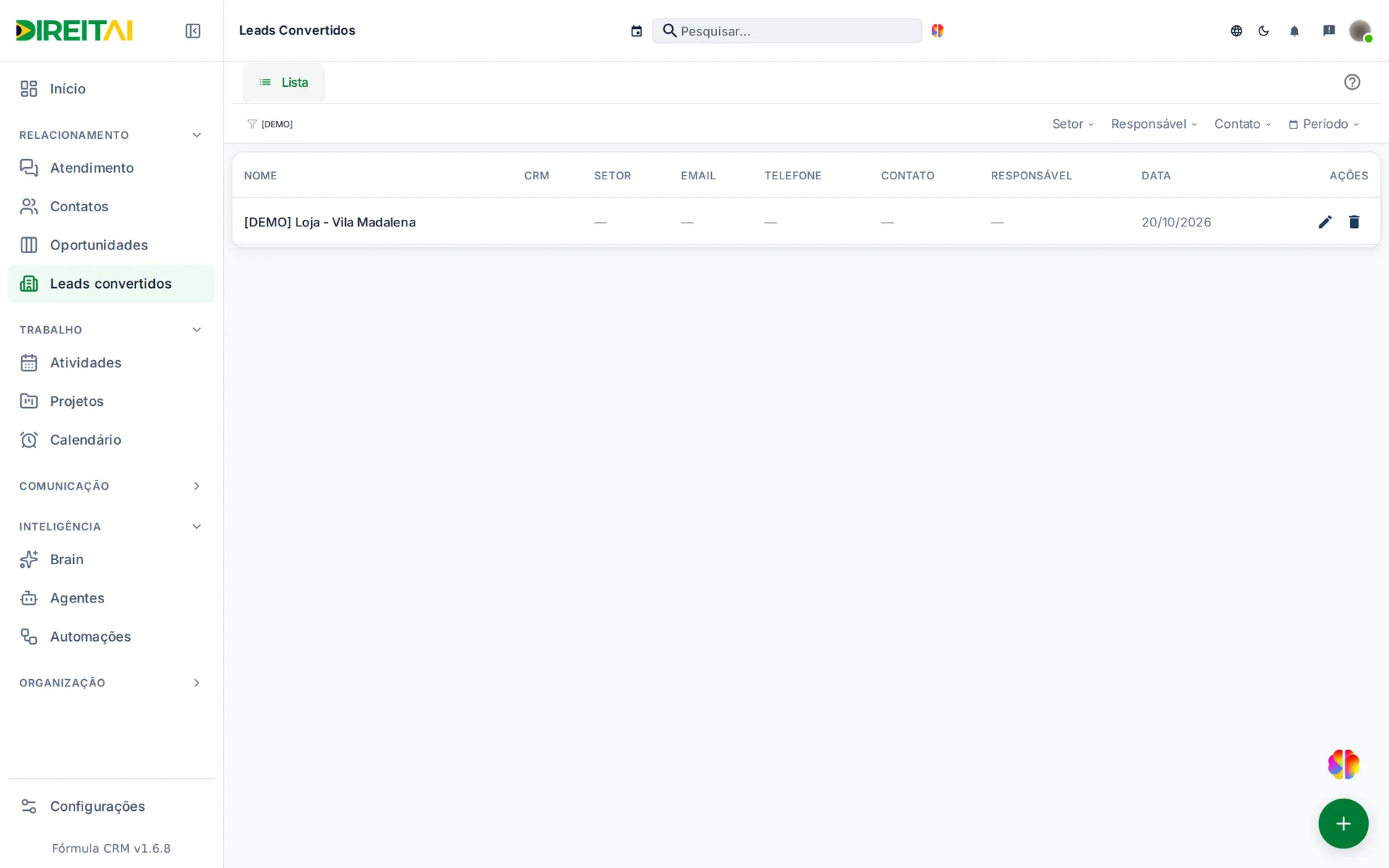 Lista de Leads convertidos filtrada, com o cliente [DEMO] Loja - Vila Madalena