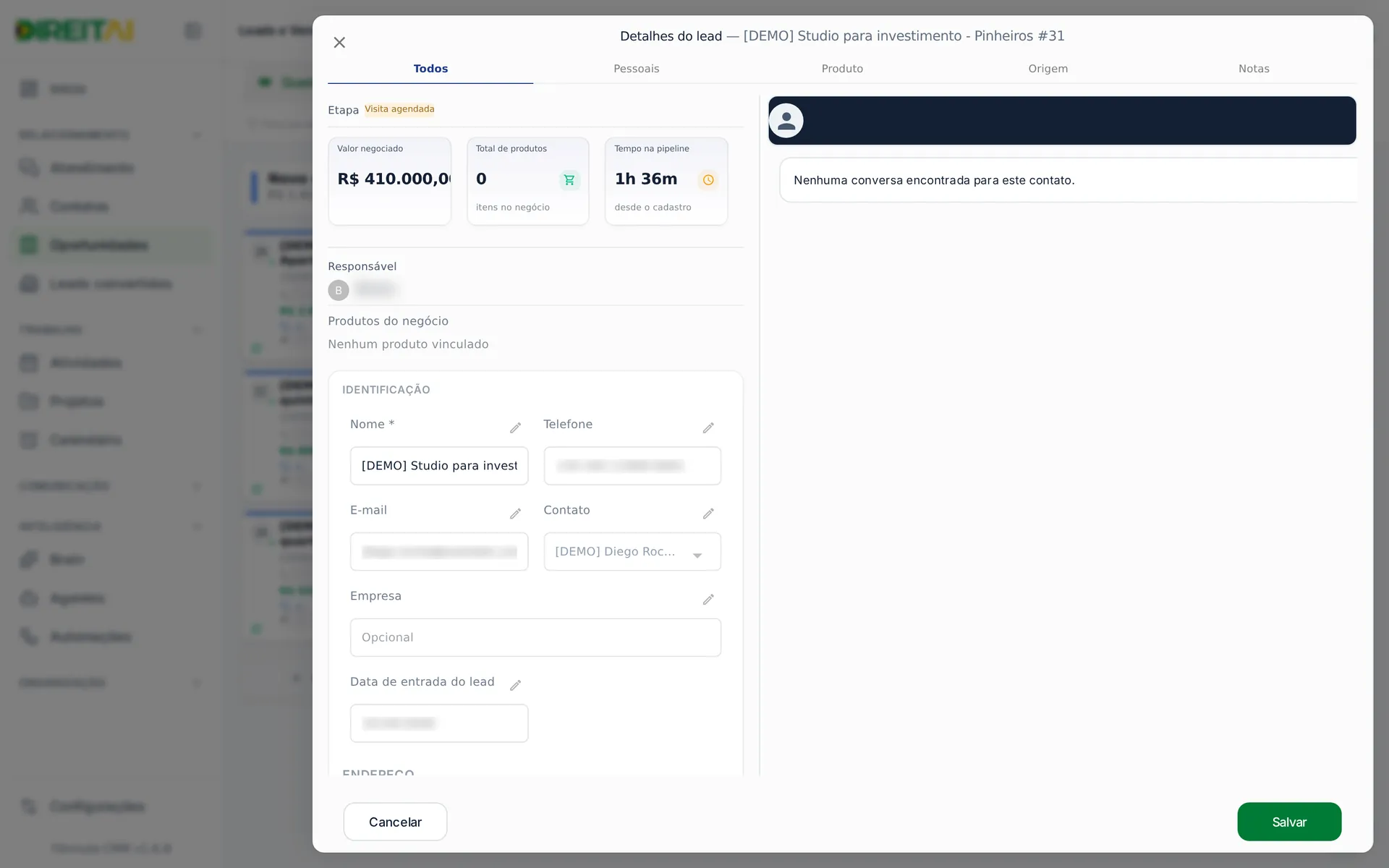 Gaveta Detalhes do lead com resumo, valor negociado e campos do lead [DEMO]