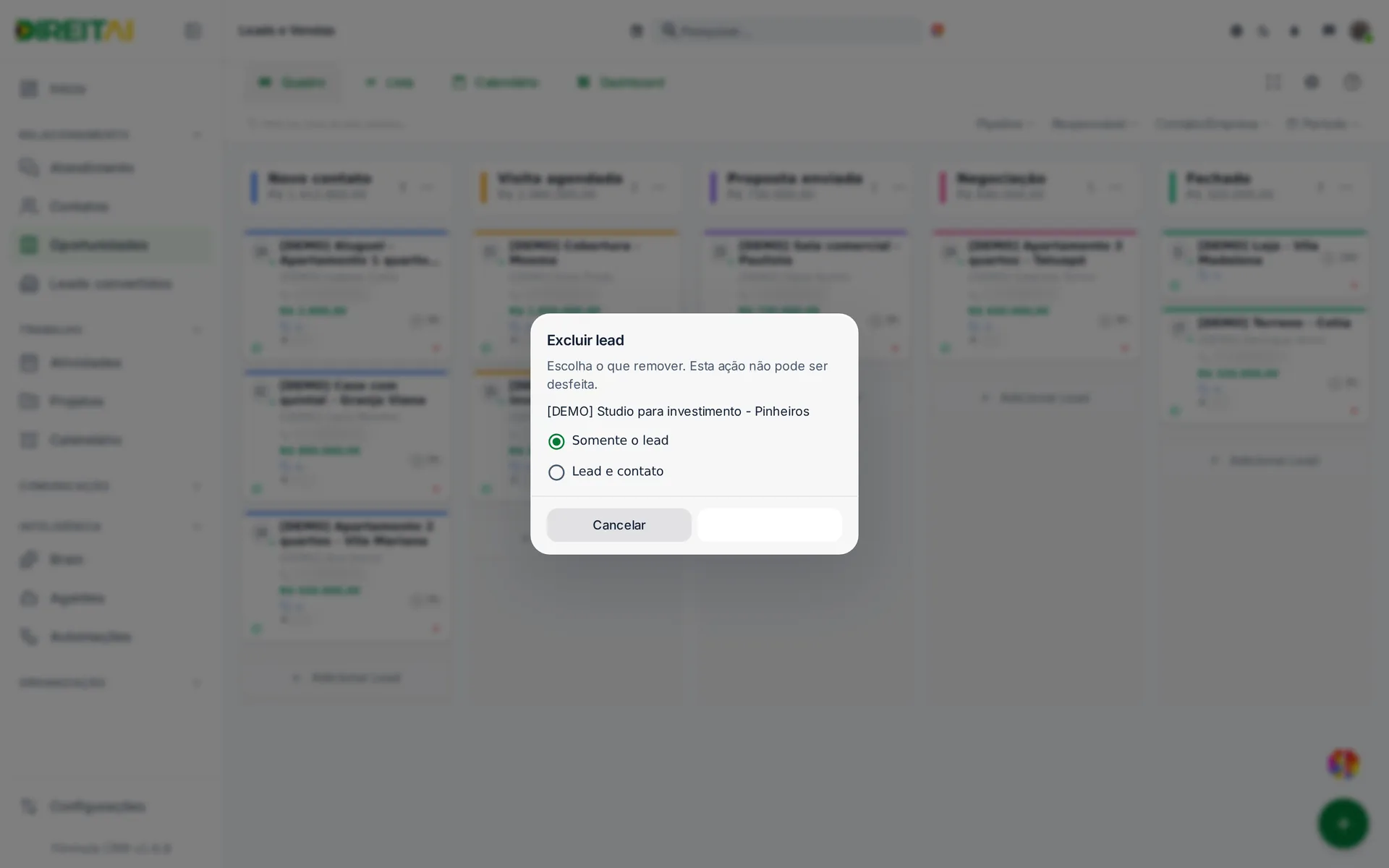 Janela Excluir lead com as opções Somente o lead e Lead e contato