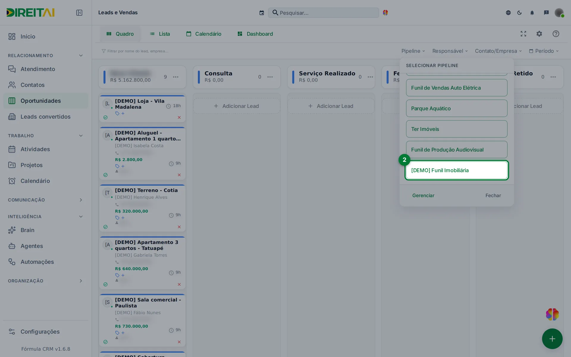 Janela Selecionar pipeline com o funil [DEMO] Funil Imobiliária destacado