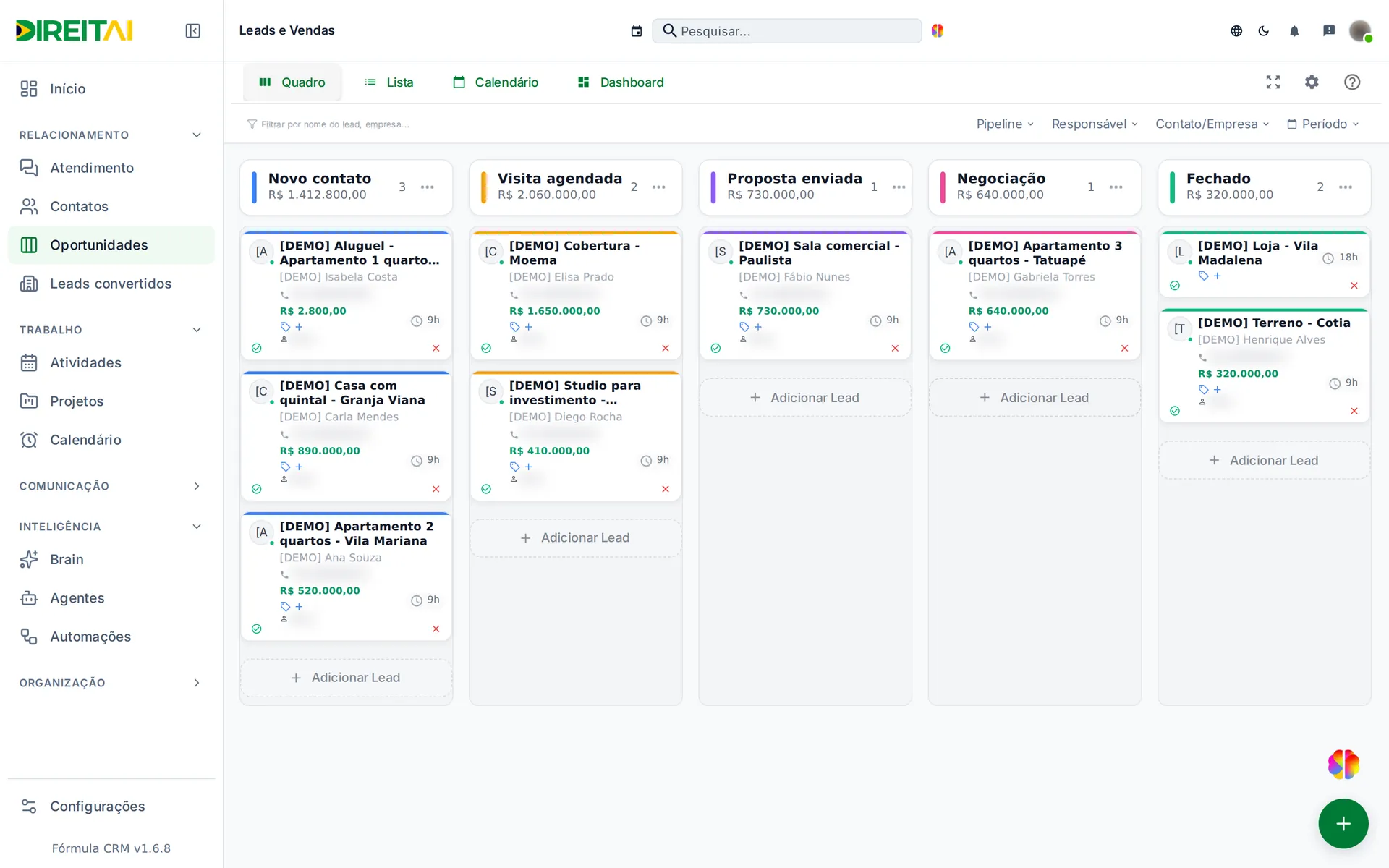 Quadro de Oportunidades com os cards prontos para serem arrastados entre as etapas