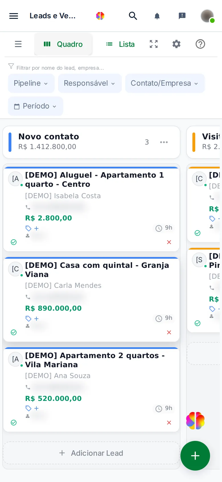 Quadro de Oportunidades no celular, uma etapa por tela