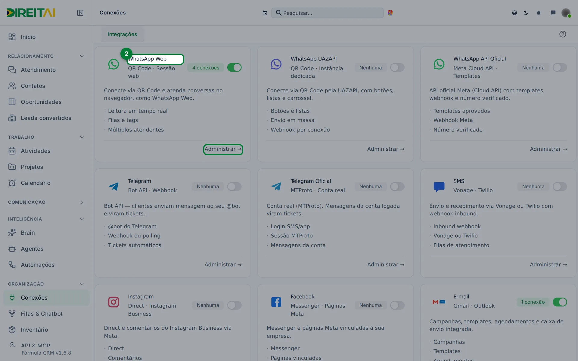 Cartão WhatsApp Web destacado na tela Conexões