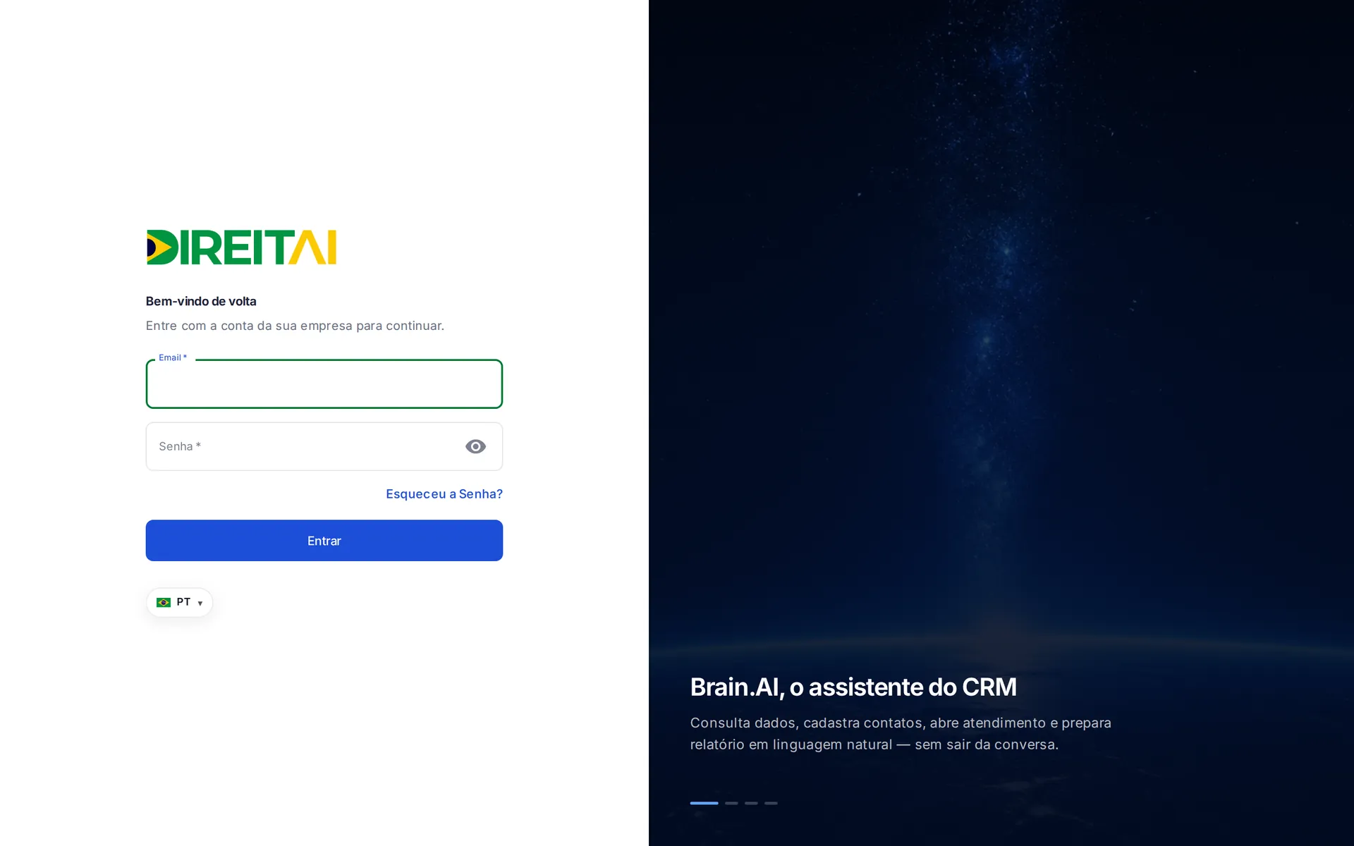 Tela de login do DireitAI com os campos de e-mail e senha