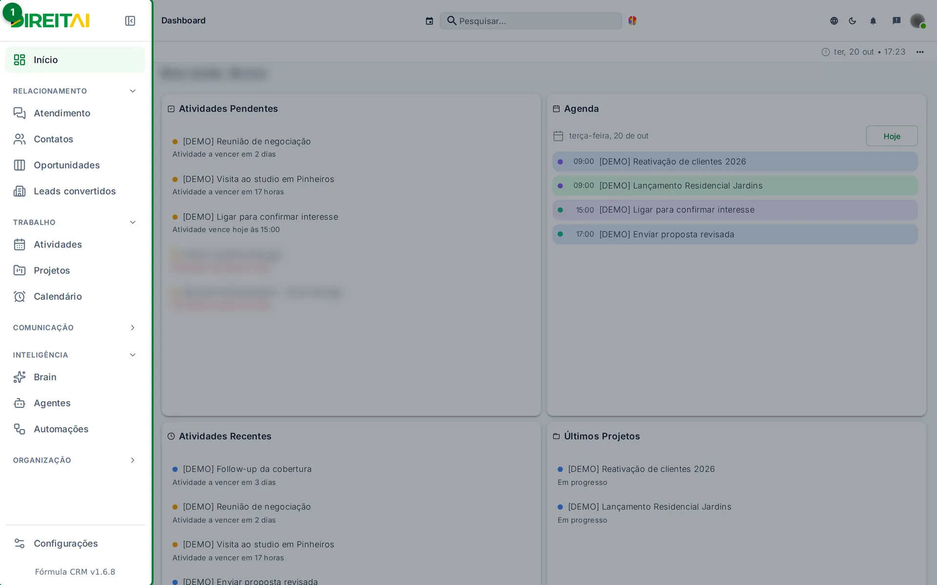 Menu lateral do DireitAI com os grupos Relacionamento, Trabalho, Comunicação, Inteligência e Organização