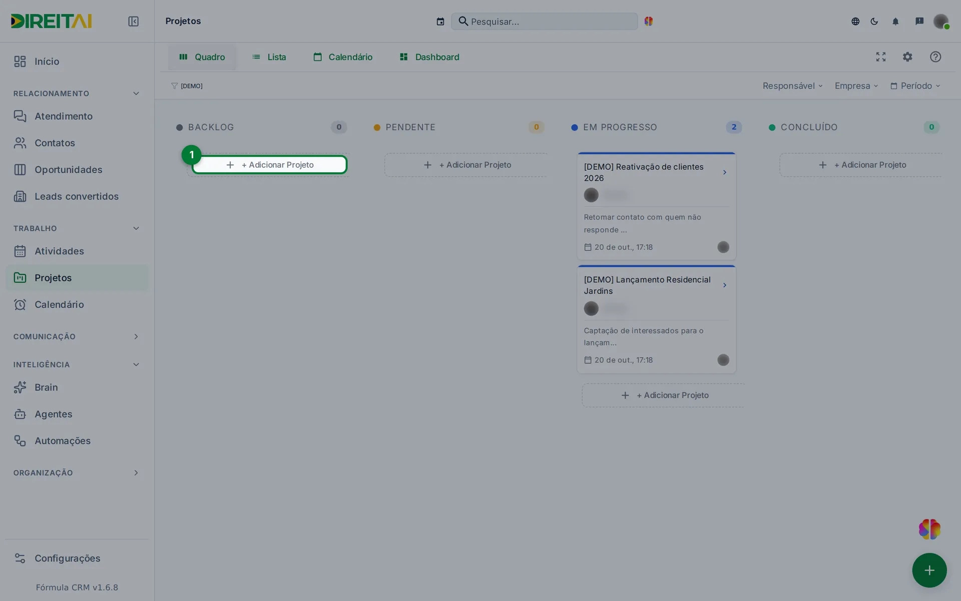 Botão Adicionar Projeto destacado no fim de uma coluna