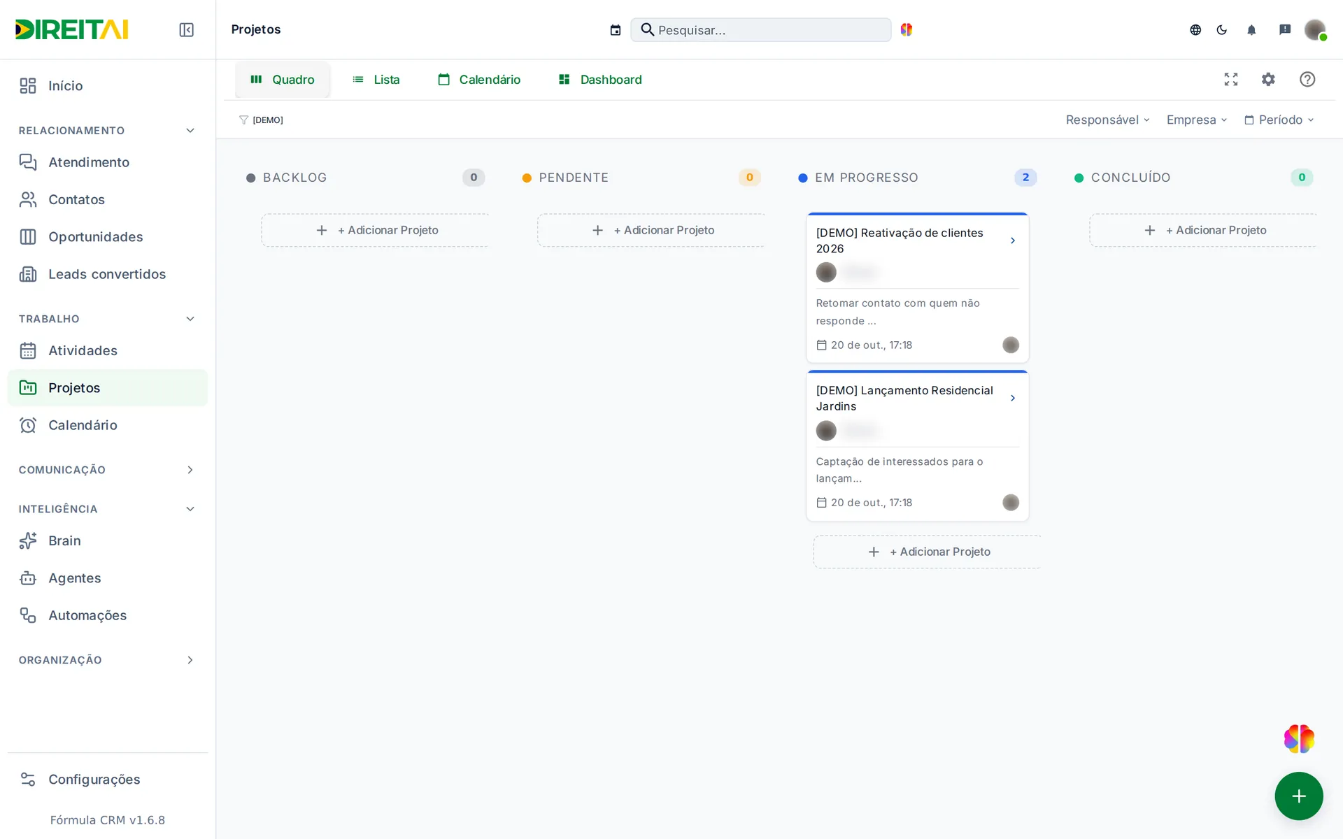 Quadro de Projetos com os projetos [DEMO] nas colunas de status