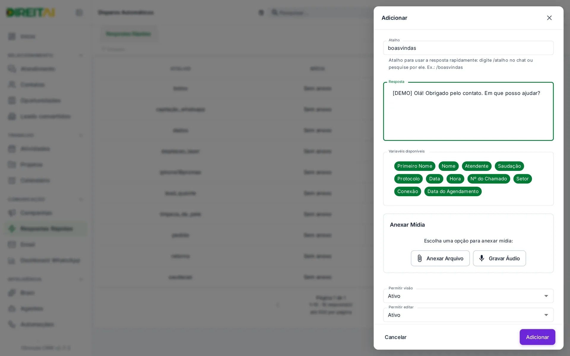 Painel Adicionar resposta rápida com Atalho, Resposta, variáveis, mídia e permissões
